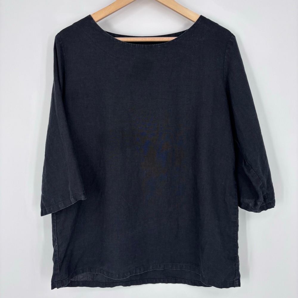 Len.Ok 100% Linen Boat Neck 3/4 Sleeve Top Women Large Black Relaxed Blouse Tee